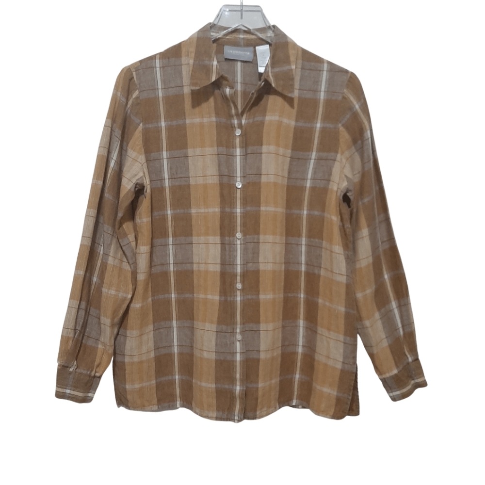 Liz Claiborne Linen Plaid Button Down Shirt Size 8